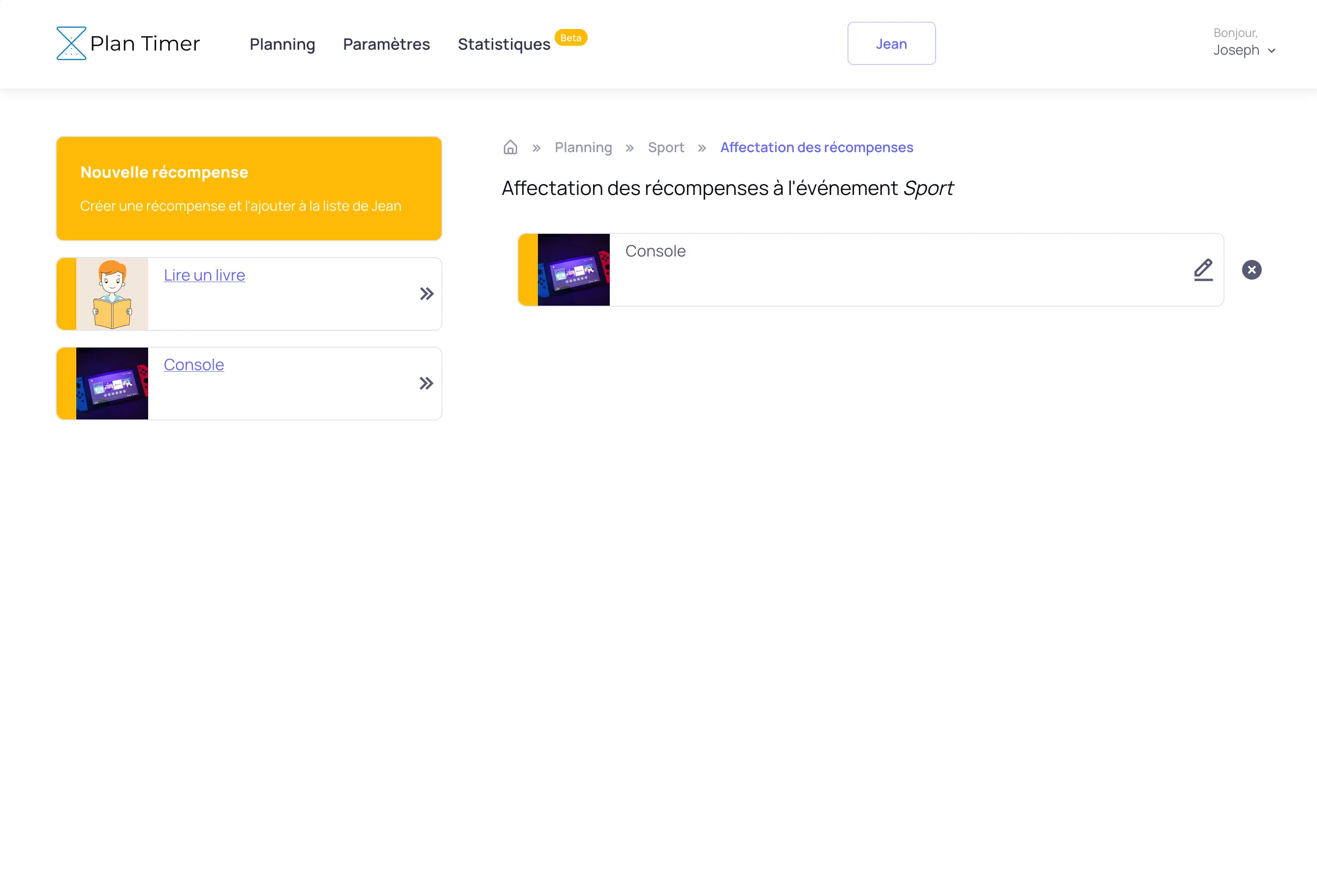 Ecran d'affection des récompenses