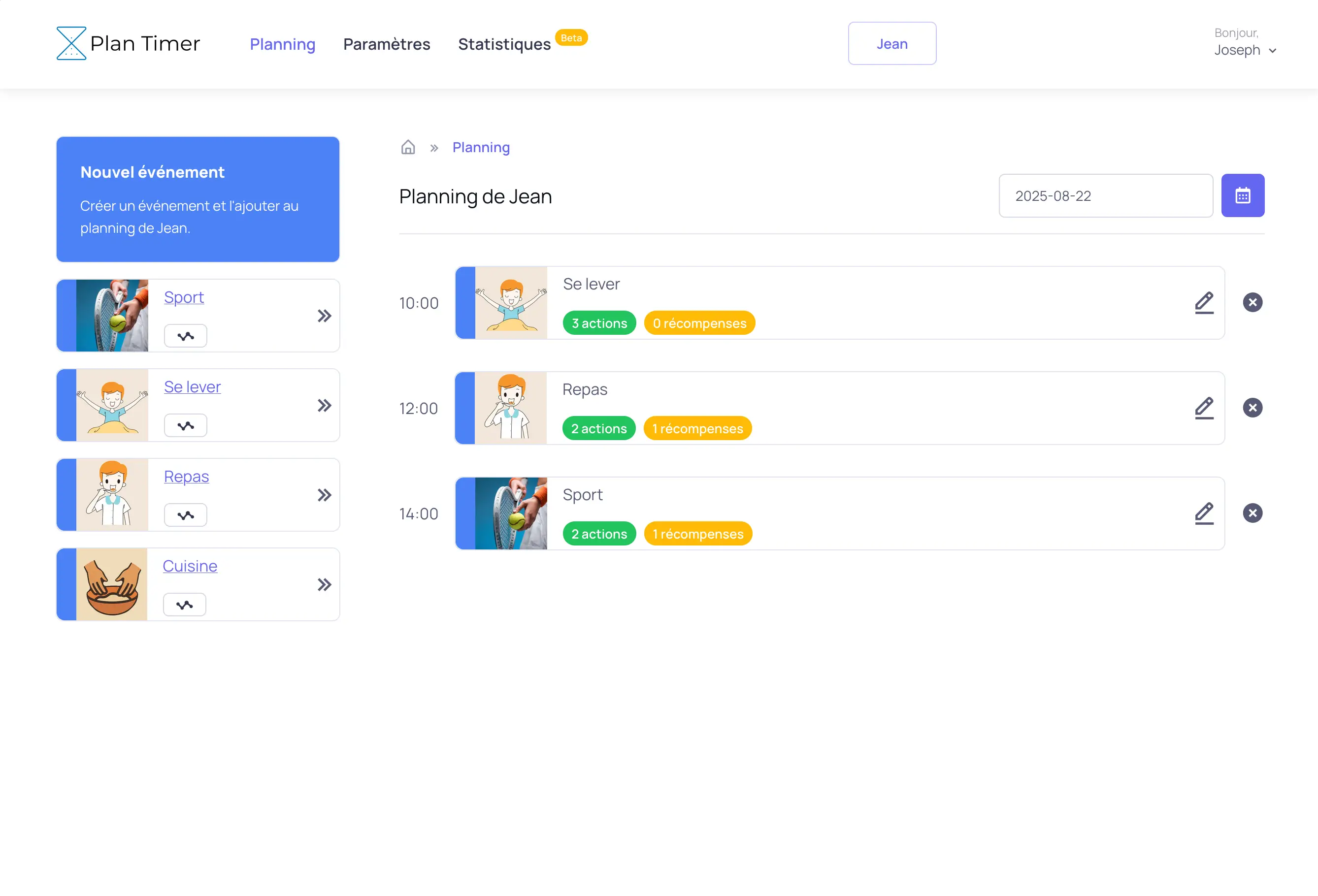 Ecran de création de planning du professionnel