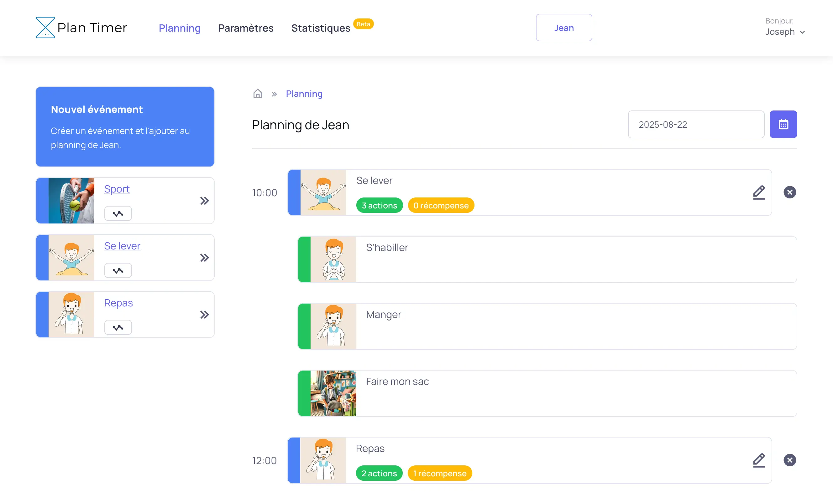 Ecran de création de planning du professionnel